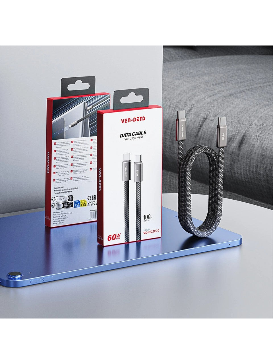 Vendens VD-DC22CC USB-C'den USB-C'ye Örgülü 60W Hızlı Şarj Destekli Type C Kablo 1.2m