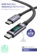 Vendens VD-DCN05 USB-C'den USB-C'ye 60W Dijital Ekranlı Örgülü Type C Hızlı Şarj Kablosu 1.2m