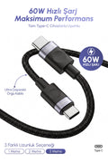 Vendens VD-DCM05 USB-C'den USB-C'ye Örgülü 60W Hızlı Şarj Destekli Type C Kablo 1m, 2m, 3m