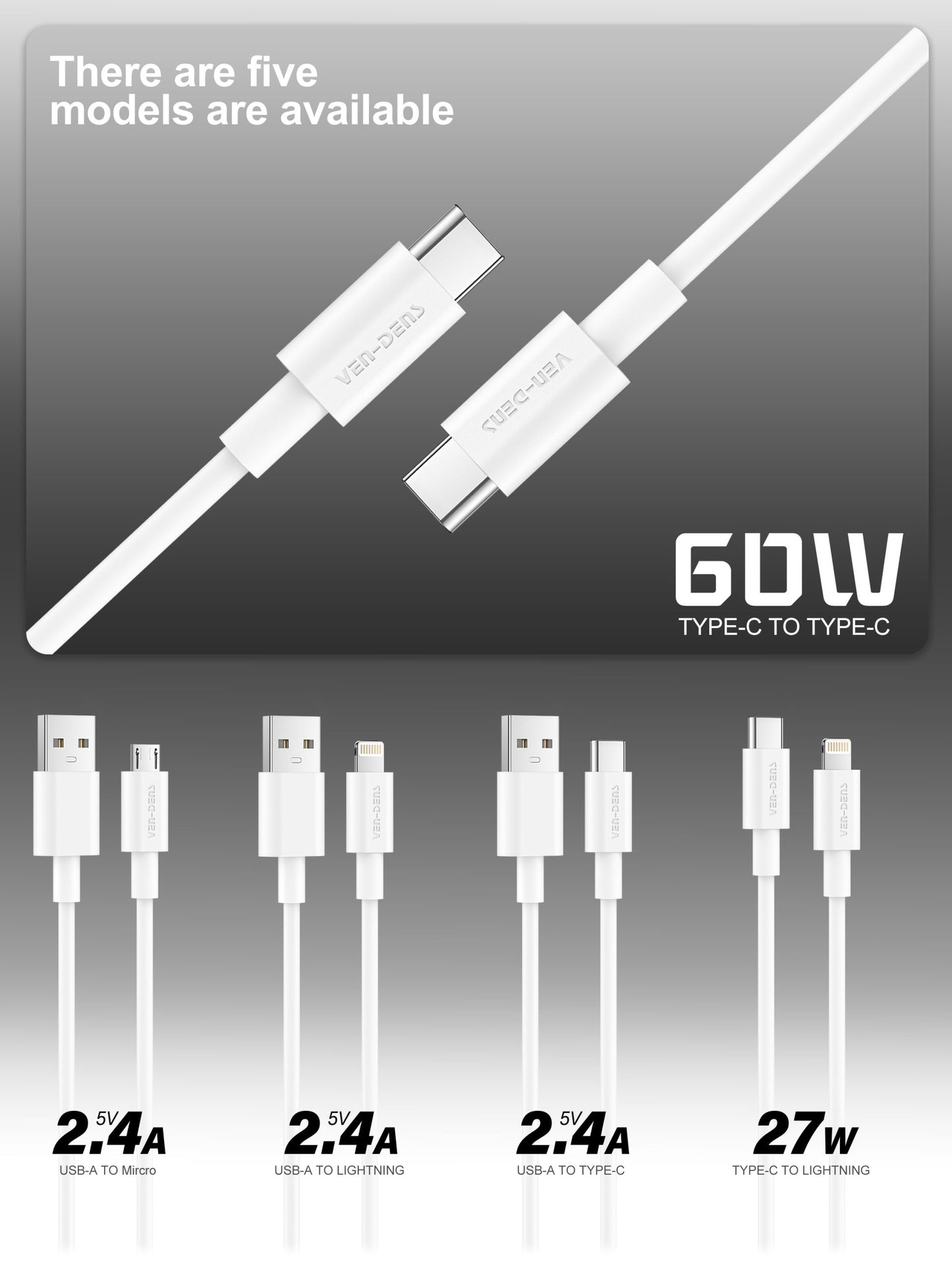 VD-DCR03 Separate packing Toptan Fiyat yüksek kalite 5V/2A Beyaz/Siyah USB-A - USB-C 1M PVC Veri Kablosu (Type-C kablosu için)