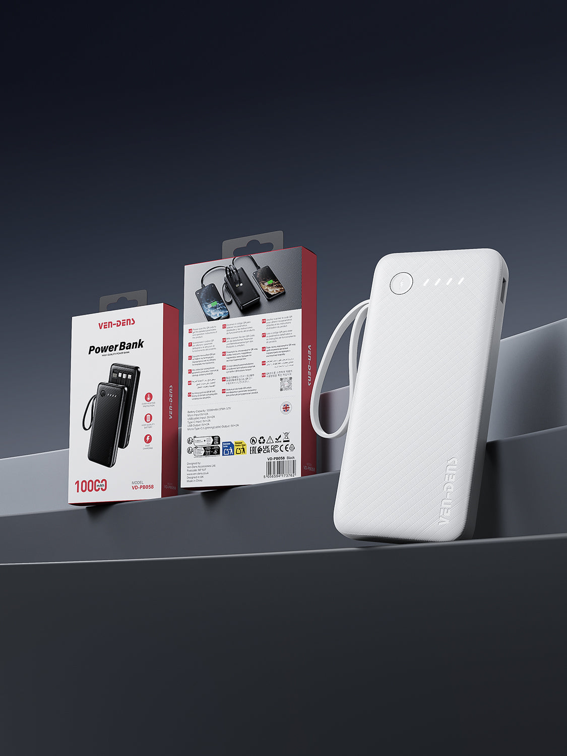 VD-PB058 Toptan fiyatla, yüksek kaliteli 10000mAh LED ışıklı, USB/Type-C/IP/Micro kablolu telefonlar için taşınabilir şarj cihazı.