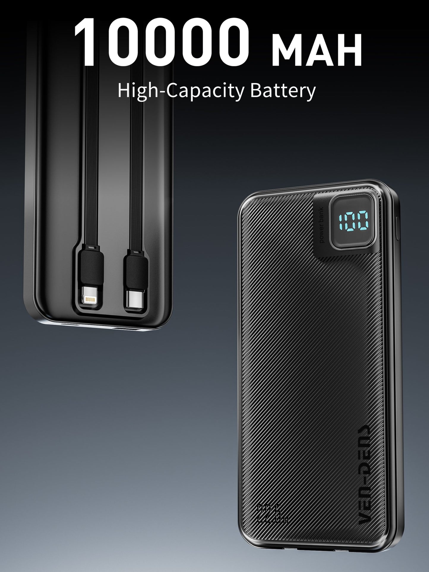 VD-PB060 Toptan fiyatla, telefonlar için Type-C/IP kablolu, dijital ekranlı, yüksek kaliteli 10000mAh Power Bank.