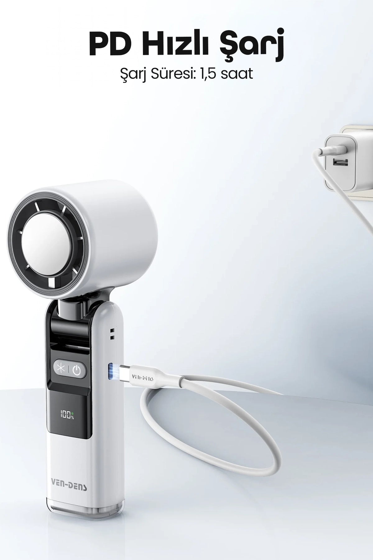 Vendens VD-FAN002 10W Soğutuculu ,Led Lambalı , Mini El Fanı, USB Şarjlı,Katlanabilir, 800mAh, 3 Kademeli