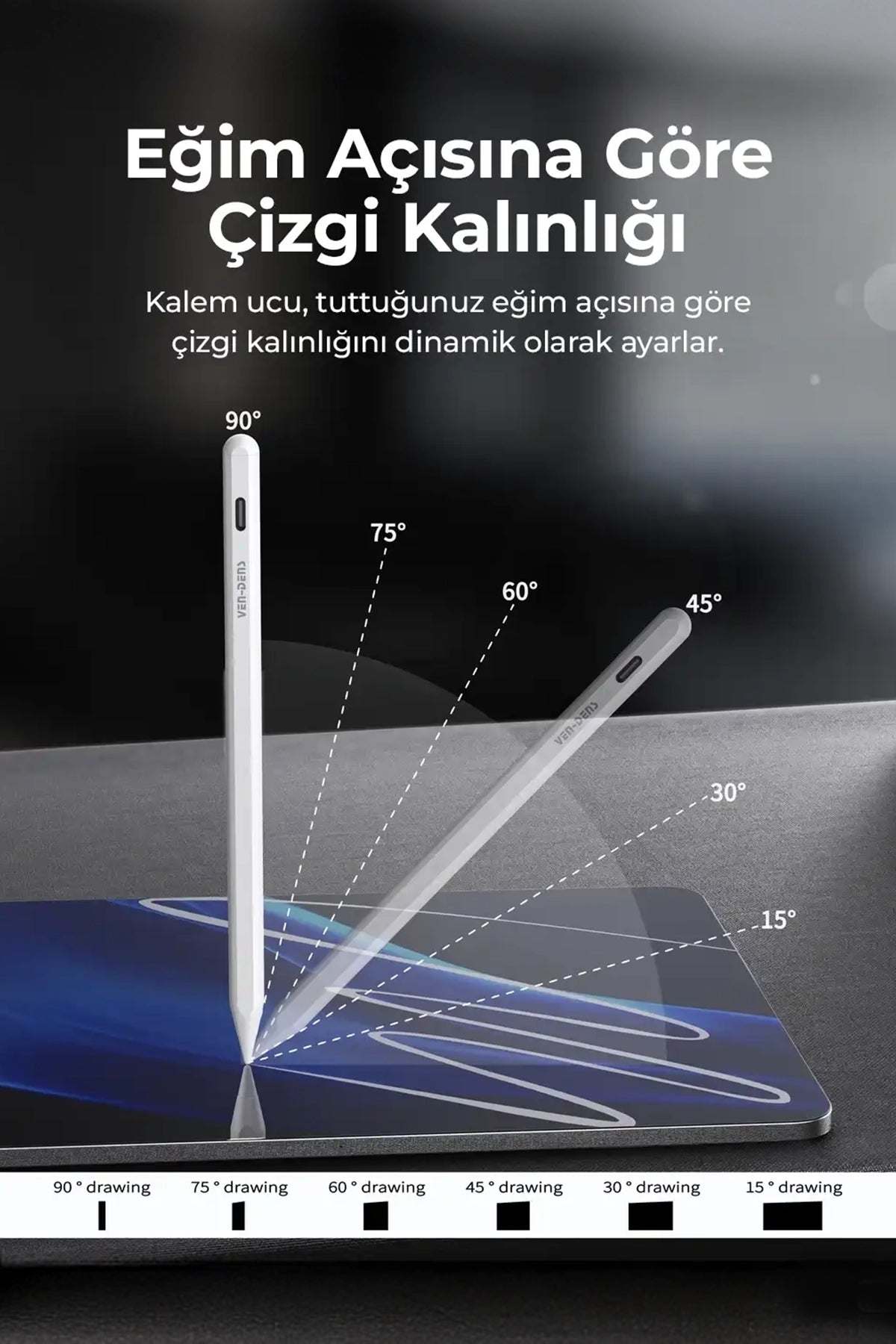 Vendens VD-SP004 Metal Stylus Kalem, iPad ve Android Uyumlu, Manyetik, Type-C Şarj, 10 Saat Kullanım