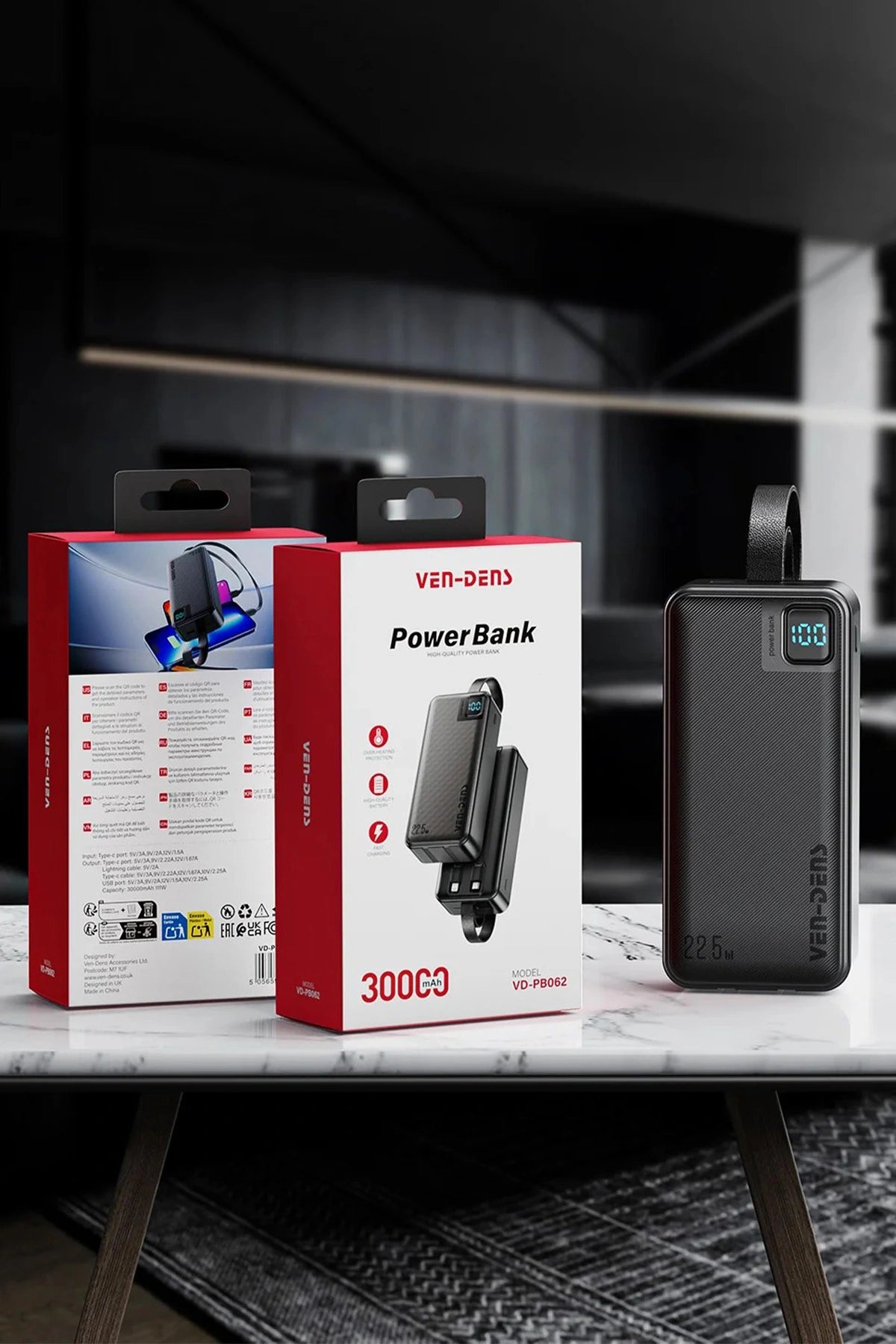 Vendens VD-PB062 30000mAh 22.5 What Hızlı Şarj Powerbank, Dahili Type-C ve Lightning Kablo