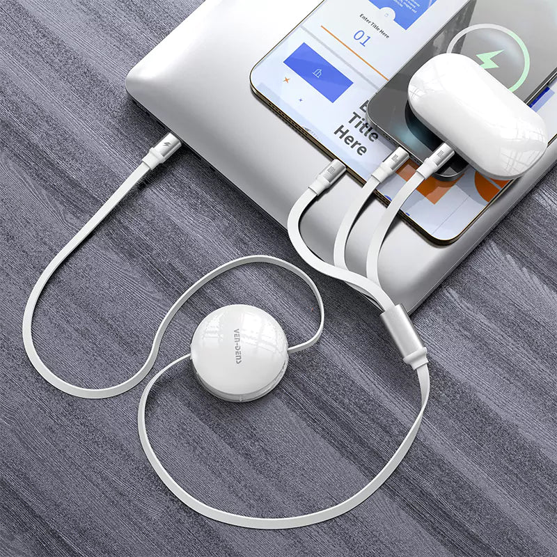 Ven-Dens 3'ü 1 Arada Makaralı Hızlı Şarj Kablosu - 100W PD Type-C, iPhone (Lightning) ve Micro USB Uçlu