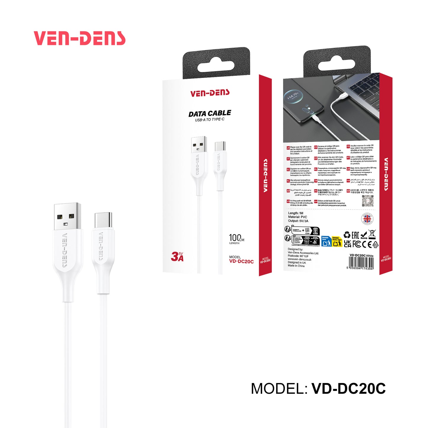 VD-DC20C Toptan fiyat USB-A - Type-C Kablo PVC veri kablosu 5V/3A, Type-C cihazlar için