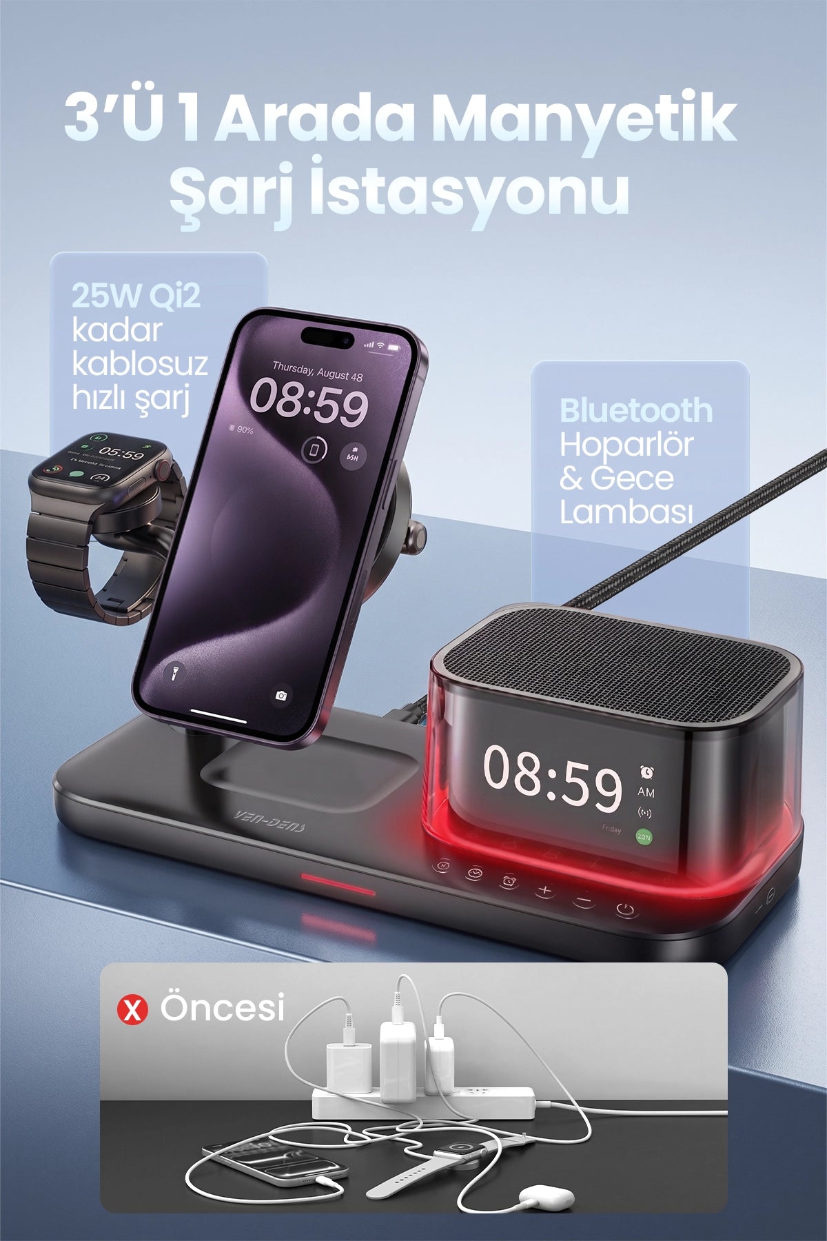 Vendens VD-WLC024 3’ü 1 Arada Manyetik Kablosuz Şarj İstasyonu – Bluetooth Hoparlör & Gece Lambası