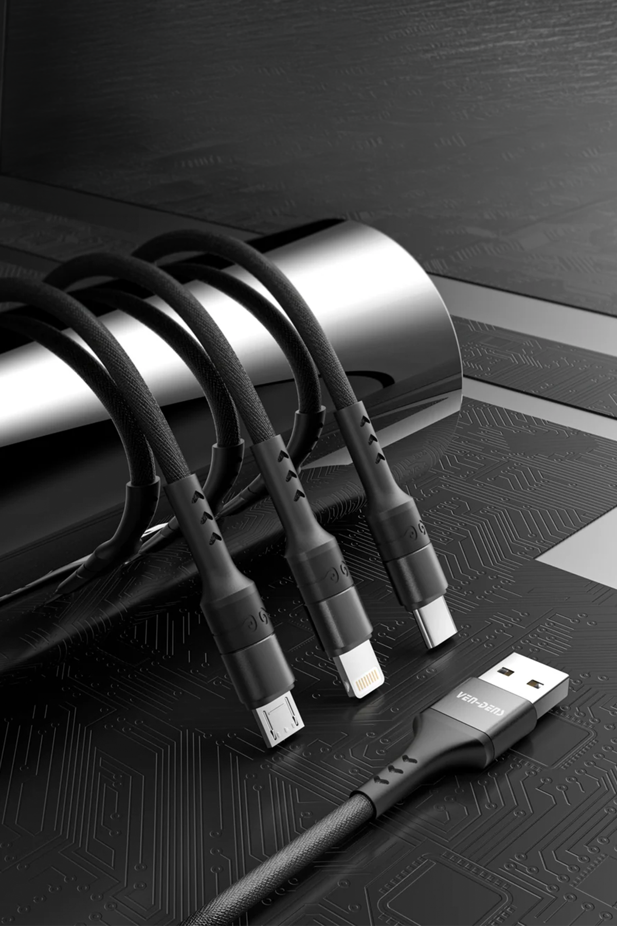 Ven-Dens VD-DCA01 3'ü 1 Arada Hızlı Şarj ve Data Kablosu - Type-C & Micro USB Uçlu Dayanıklı Naylon Örgü 1.2m