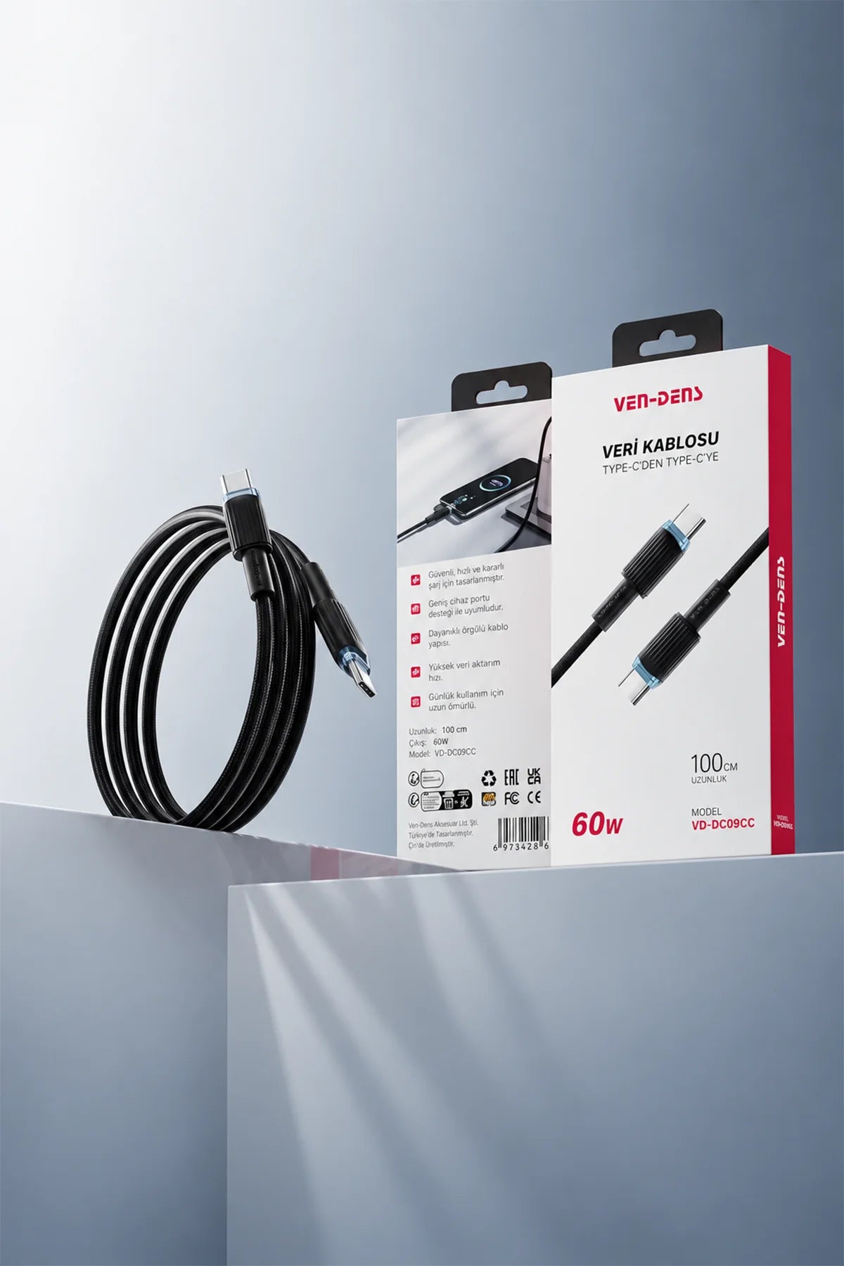 Vendens VD-DC09CC Type-C to Type-C 60W Hızlı Şarj ve Data Kablosu - 1 Metre TPE Örgülü
