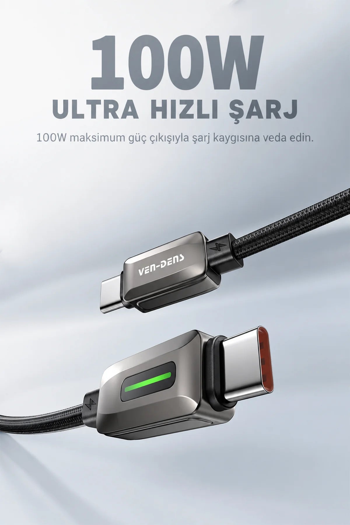 Vendens DC14CC Type-C to Type-C 100W PD Hızlı Şarj ve Data Kablosu, Çinko Alaşım Örgü, 1 Metre
