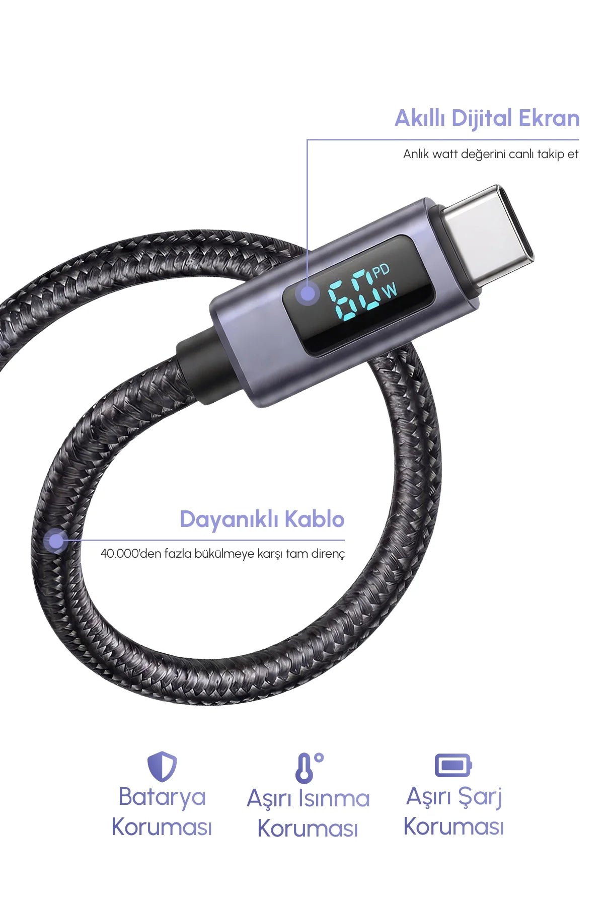 Vendens VD-DCN05 USB-C'den USB-C'ye 60W Dijital Ekranlı Örgülü Type C Hızlı Şarj Kablosu 1.2m