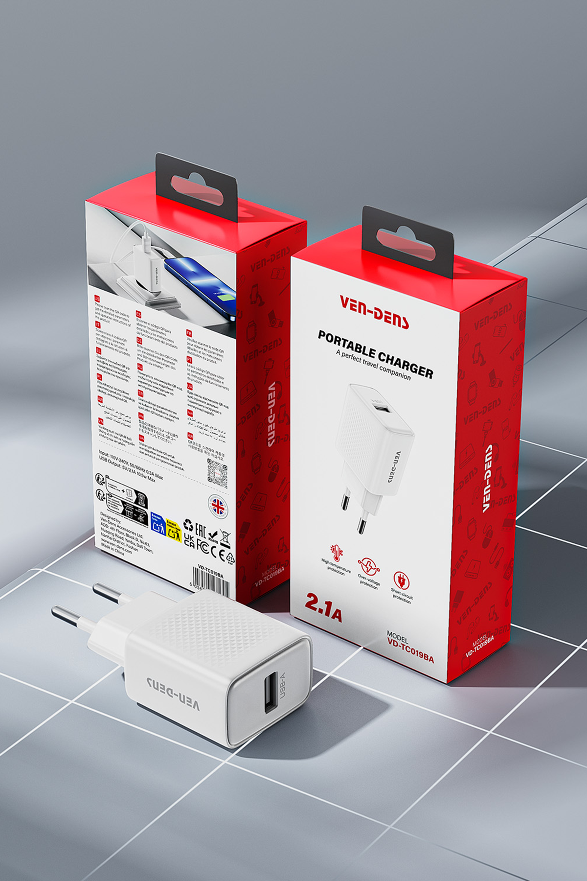 Ven-Dens VD-TC019BA 10,5 W USB-A Şarj Adaptörü, Kompakt Duvar Tipi Tasarım, 110–240 V Giriş, Beyaz
