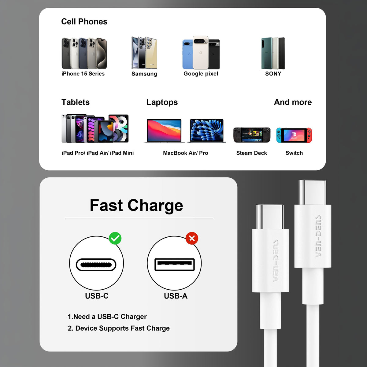 Vendens VD-DCR05 USB-C'den USB-C'ye 60W Hızlı Şarj Destekli Beyaz Type C Kablo 1.2m