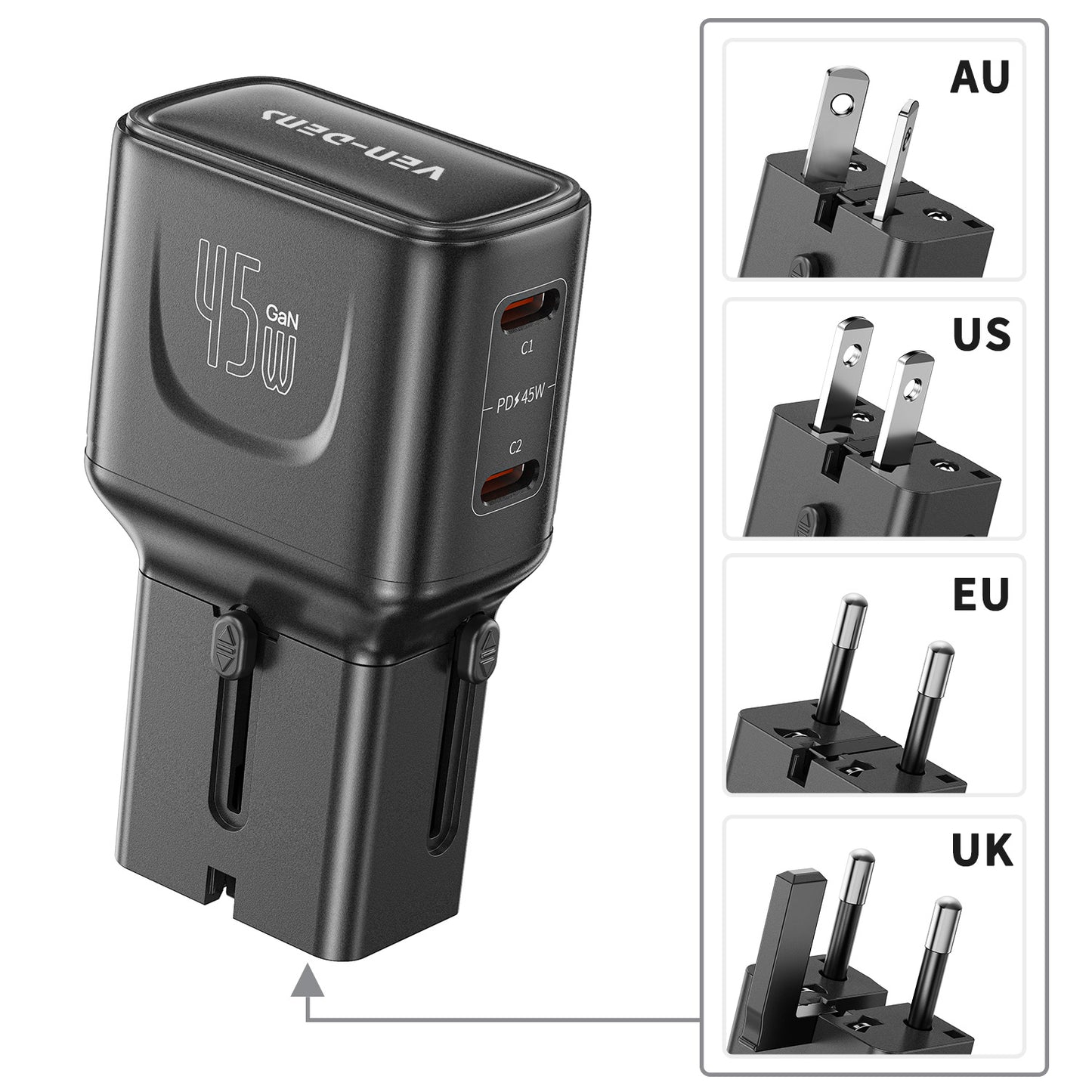 Vendens TravelMax 45W PD | 150+ Ülke Uyumlu Seyahat Şarj Cihazı