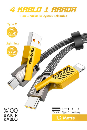 Vendens VD-DCA05 65W Hızlı Şarj Kablosu - 4'ü 1 Arada Type-C, Lightning