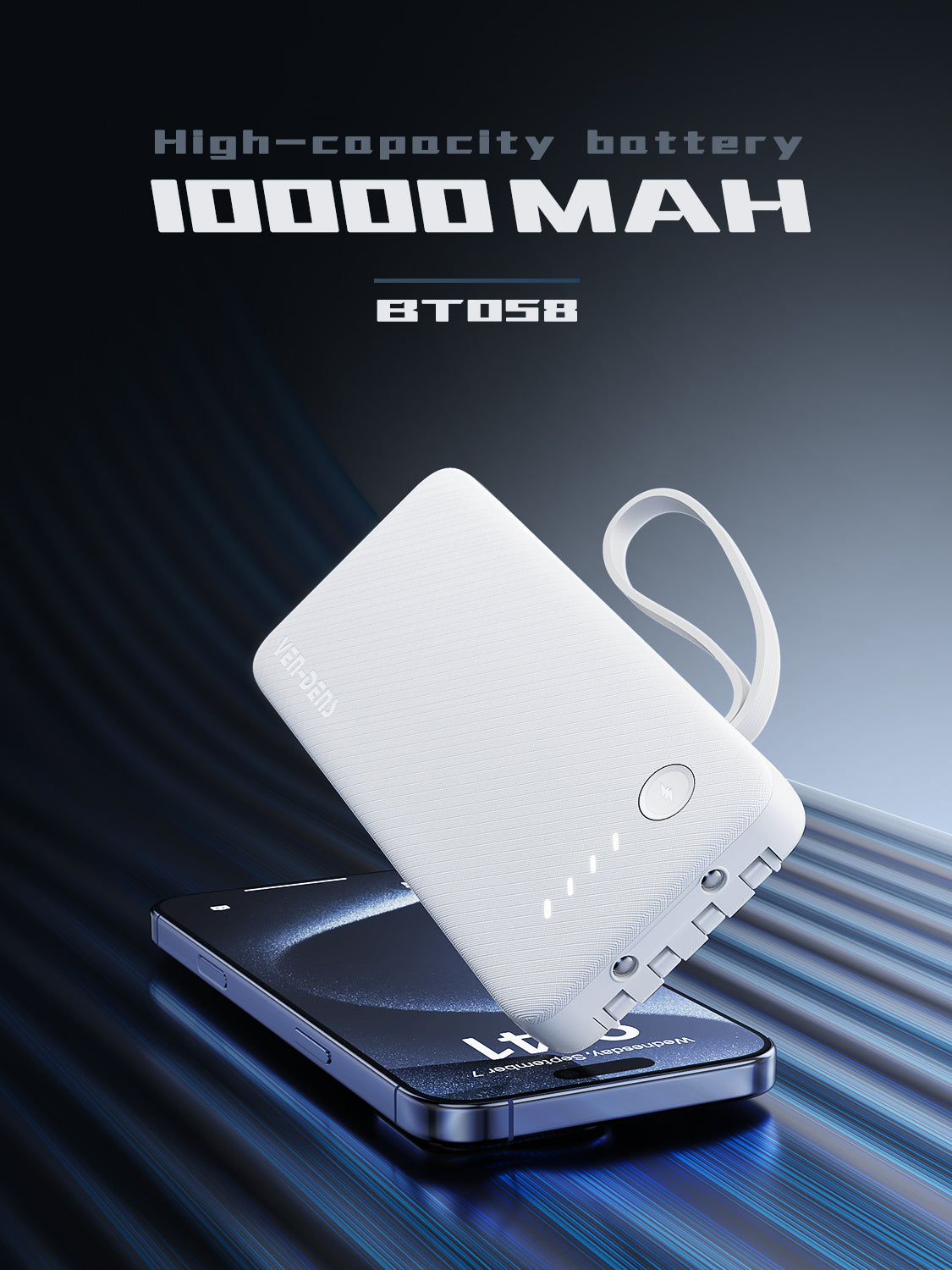 VD-PB059 Toptan fiyatla, yüksek kaliteli 20000mAh LED ışıklı, USB/Type-C/IP/Micro kablolu telefonlar için taşınabilir şarj cihazı.