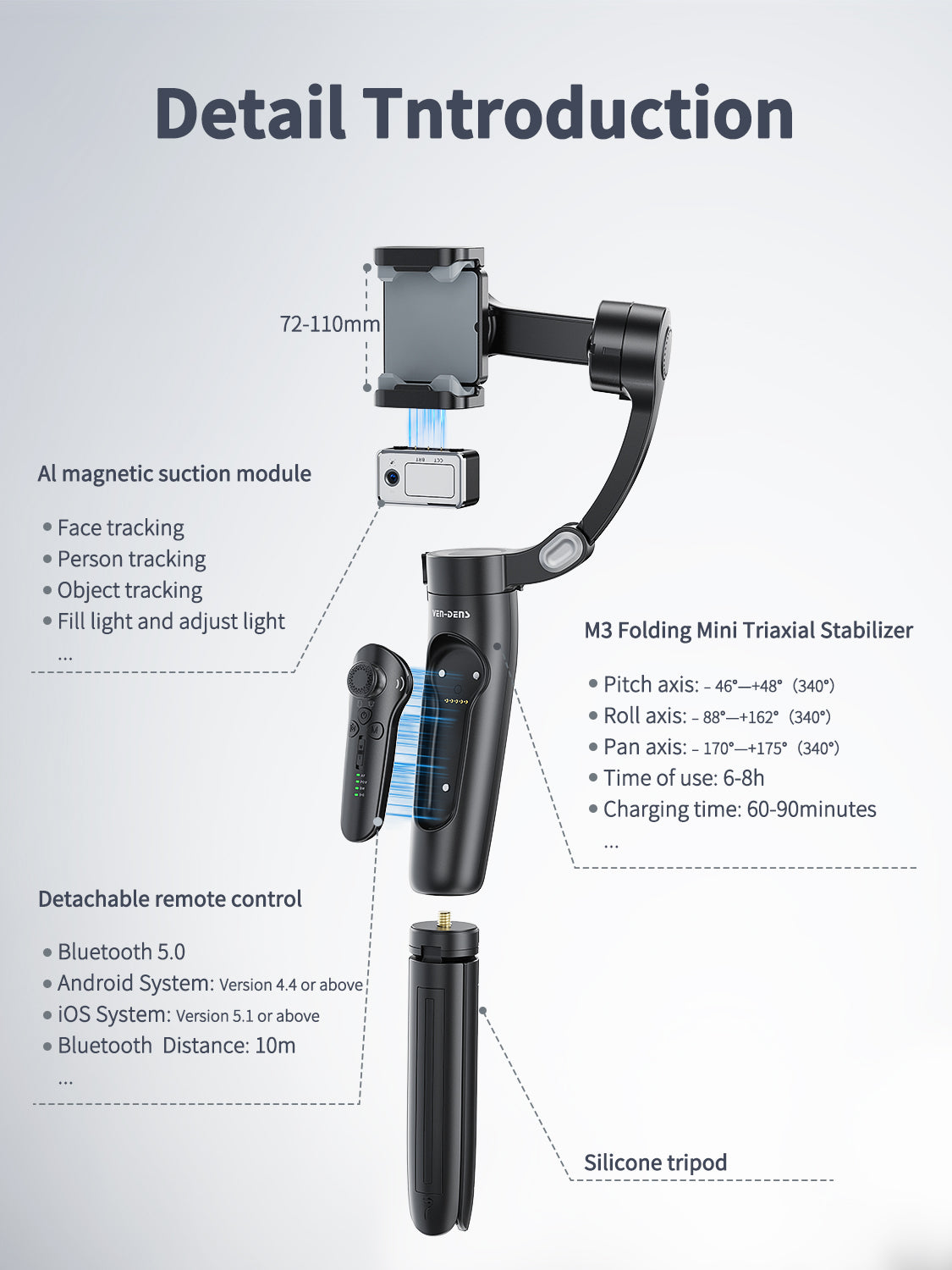 VD-SS11 Toptan Fiyatlı Akıllı Telefon Gimbal Sabitleyici, iPhone/Android için 4'ü 1 Arada 360° Döndürme Özellikli Selfie Çubuğu Tripod