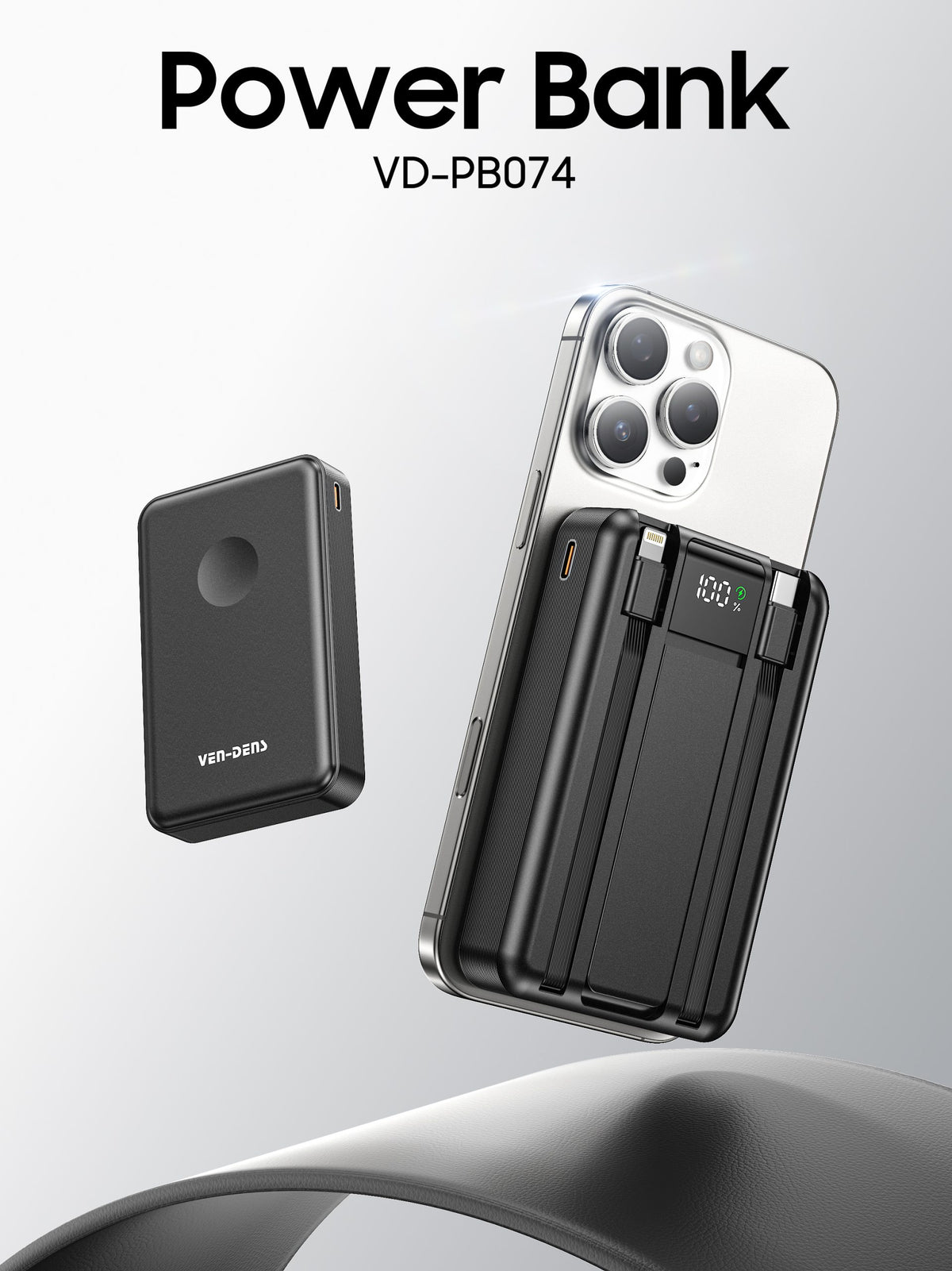 Vendens 10000mAh 15W Kablosuz Hızlı Şarj Powerbank Siyah - Taşınabilir Yüksek Kapasiteli Batarya