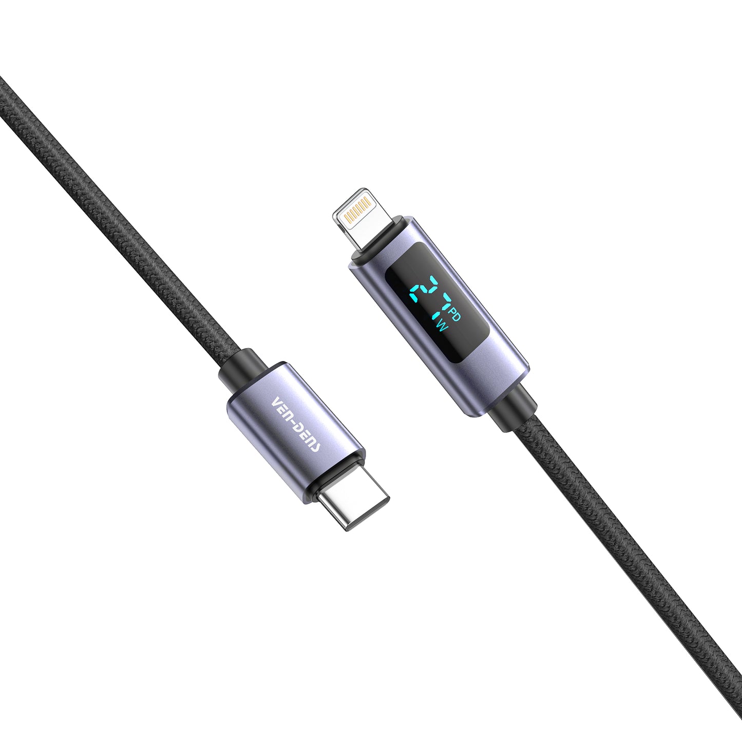 VD-DCN04 27W USB-C - Lightning 1M siyah naylon+alüminyum alaşımlı veri kablosu