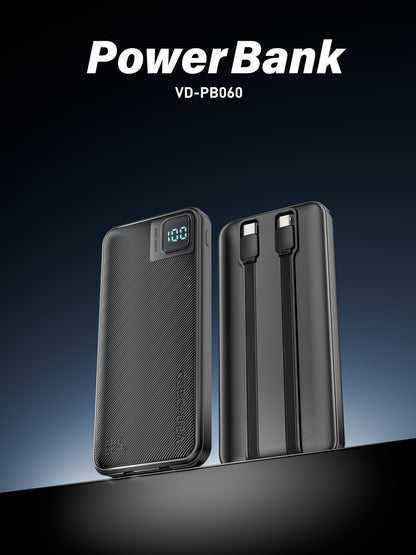 VD-PB060 Toptan fiyatla, telefonlar için Type-C/IP kablolu, dijital ekranlı, yüksek kaliteli 10000mAh Power Bank.