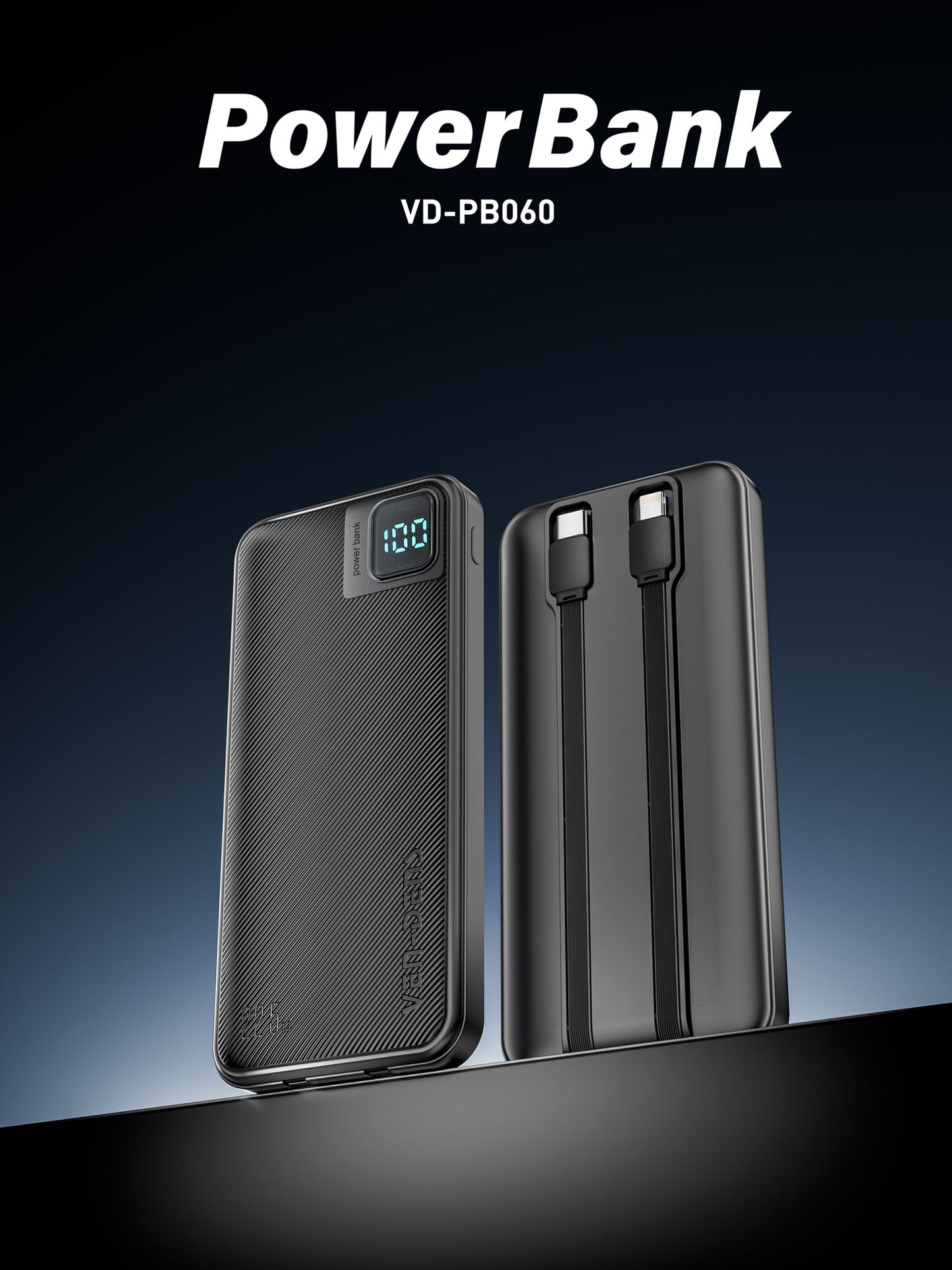 VD-PB061 Toptan fiyatla, telefonlar için Type-C/IP kablolu, dijital ekranlı, yüksek kaliteli 20000mAh Power Bank.