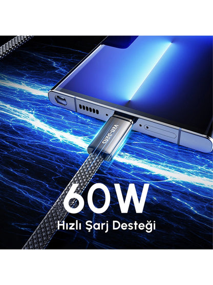 Vendens VD-DC22CC USB-C'den USB-C'ye Örgülü 60W Hızlı Şarj Destekli Type C Kablo 1.2m