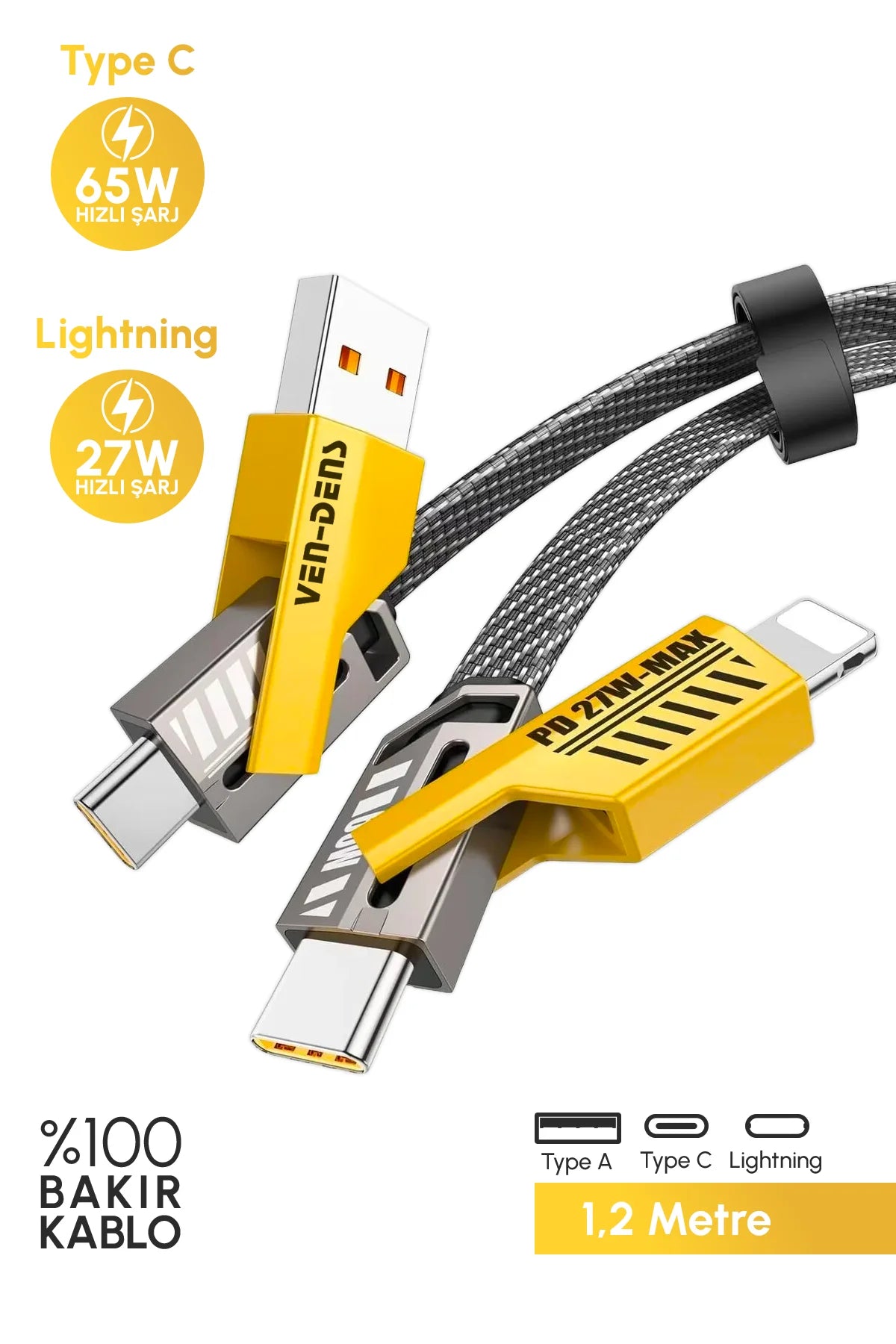 Vendens VD-DCA05 65W Hızlı Şarj Kablosu - 4'ü 1 Arada Type-C, Lightning