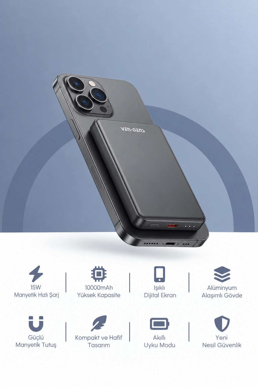 Vendens VD-PB023 Manyetik Powerbank 20W Hızlı Şarj & Kablosuz Şarj - 5000mAh Dijital Göstergeli