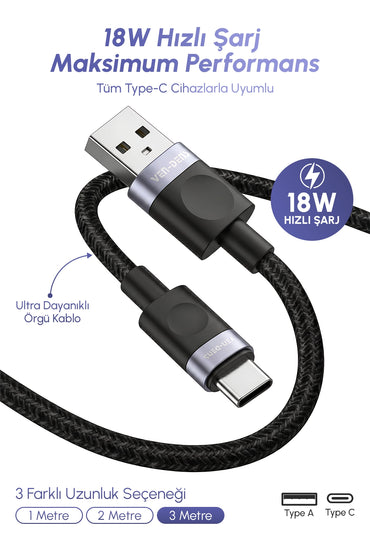 Vendens VD-DCM03 18W USB-A to Type-C Hızlı Şarj Kablosu, Örgülü, Veri Aktarımlı