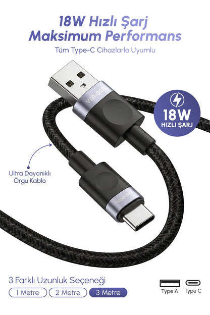 Vendens VD-DCM03 USB-A'dan USB-C'ye Örgülü 18W Type C Şarj Kablosu 1m, 2m, 3m