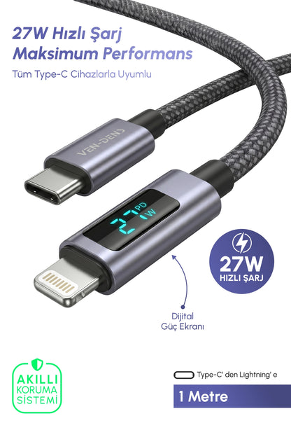 Vendens VD-DCN04 Dijital Göstergeli 27W Type-C to Lightning Hızlı Şarj Kablosu, 1 Metre
