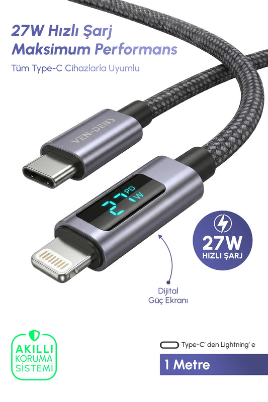 Vendens VD-DCN04 Dijital Göstergeli 27W Type-C to Lightning Hızlı Şarj Kablosu, 1 Metre