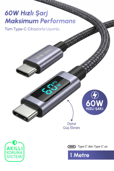 Vendens VD-DCN05 USB-C'den USB-C'ye 60W Dijital Ekranlı Örgülü Type C Hızlı Şarj Kablosu 1.2m