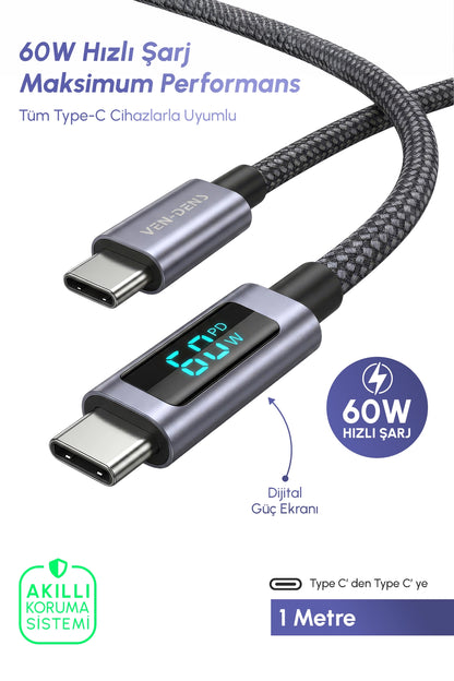 Vendens VD-DCN05 USB-C'den USB-C'ye 60W Dijital Ekranlı Örgülü Type C Hızlı Şarj Kablosu 1.2m