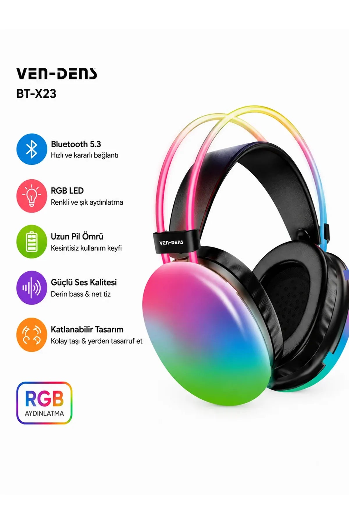 Vendens VD-HP013 Kablosuz Gaming Kulaklık, Bluetooth 5.3, 40mm Sürücü, Gürültü Önleyici, RGB Işıklı, 400mAh