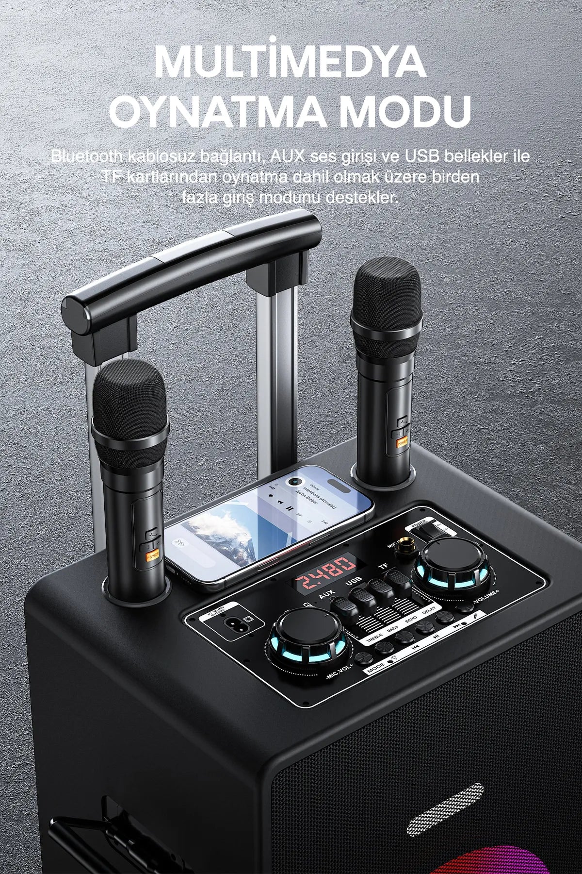Vendens VD-SPK004 8 İnç Taşınabilir Bluetooth Hoparlör, Çift Kablosuz Mikrofon, 7200mAh, LED Işıklı