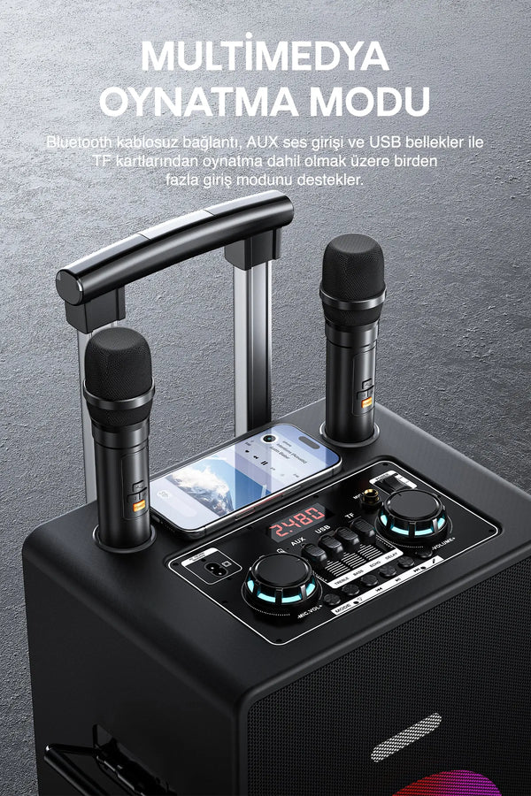 Vendens VD-SPK004 8 İnç Taşınabilir Bluetooth Hoparlör, Çift Kablosuz Mikrofon, 7200mAh, LED Işıklı