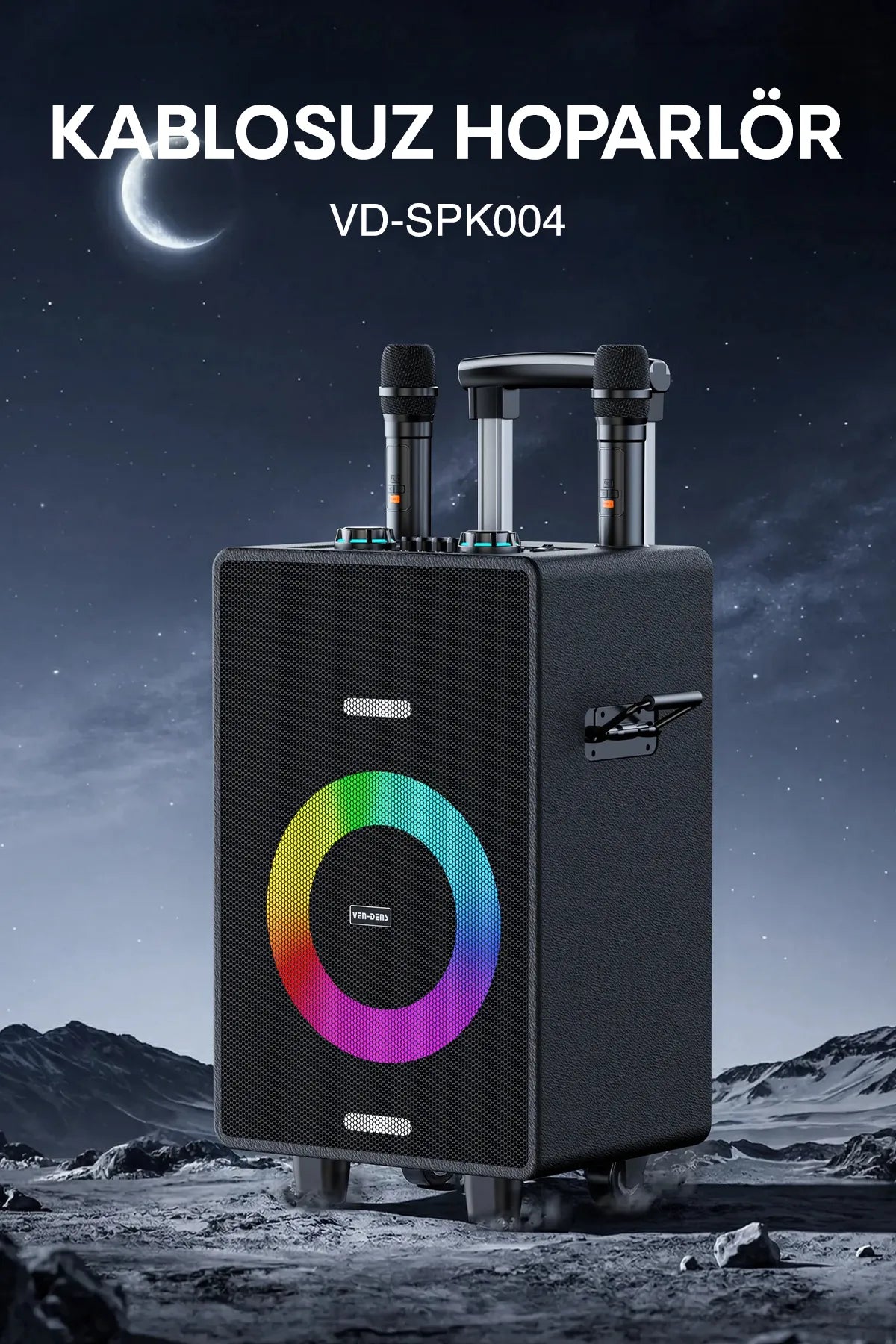 Vendens VD-SPK004 8 İnç Taşınabilir Bluetooth Hoparlör, Çift Kablosuz Mikrofon, 7200mAh, LED Işıklı