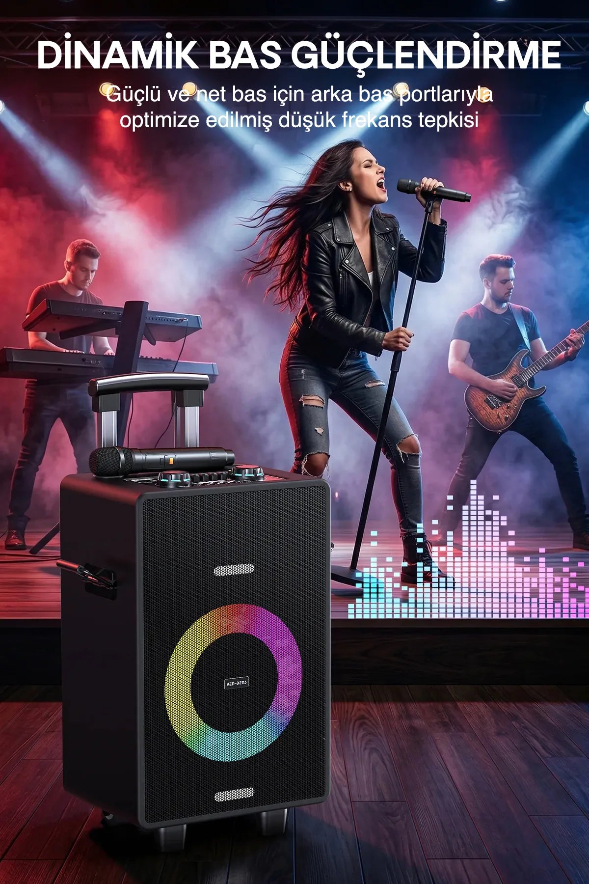 Vendens VD-SPK004 8 İnç Taşınabilir Bluetooth Hoparlör, Çift Kablosuz Mikrofon, 7200mAh, LED Işıklı