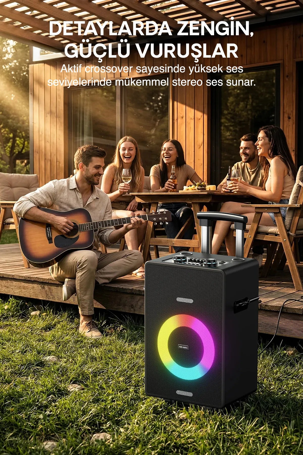 Vendens VD-SPK004 8 İnç Taşınabilir Bluetooth Hoparlör, Çift Kablosuz Mikrofon, 7200mAh, LED Işıklı