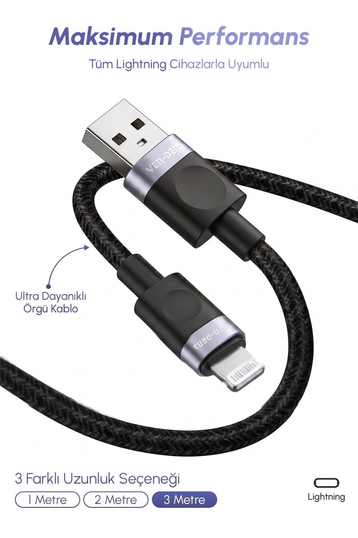 Vendens VD-DCM02 Premium Örgülü iPhone Uyumlu Lightning Hızlı Şarj Kablosu