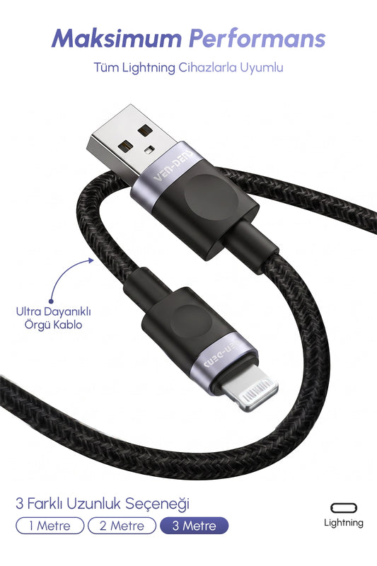 Vendens VD-DCM02 Premium Örgülü iPhone Uyumlu Lightning Hızlı Şarj Kablosu