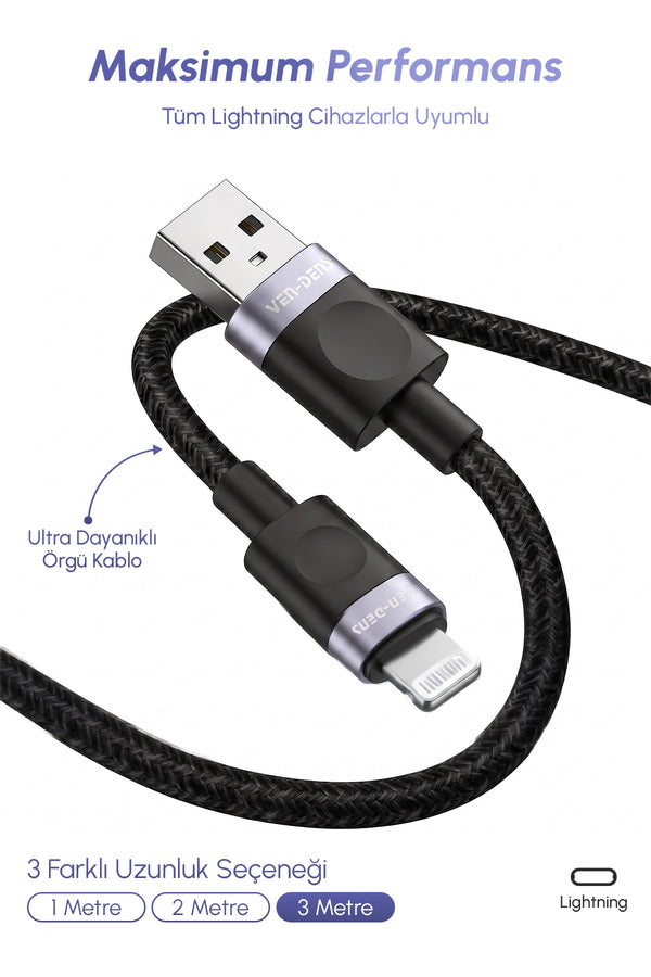 Vendens VD-DCM02 Premium Örgülü iPhone Uyumlu Lightning Hızlı Şarj Kablosu