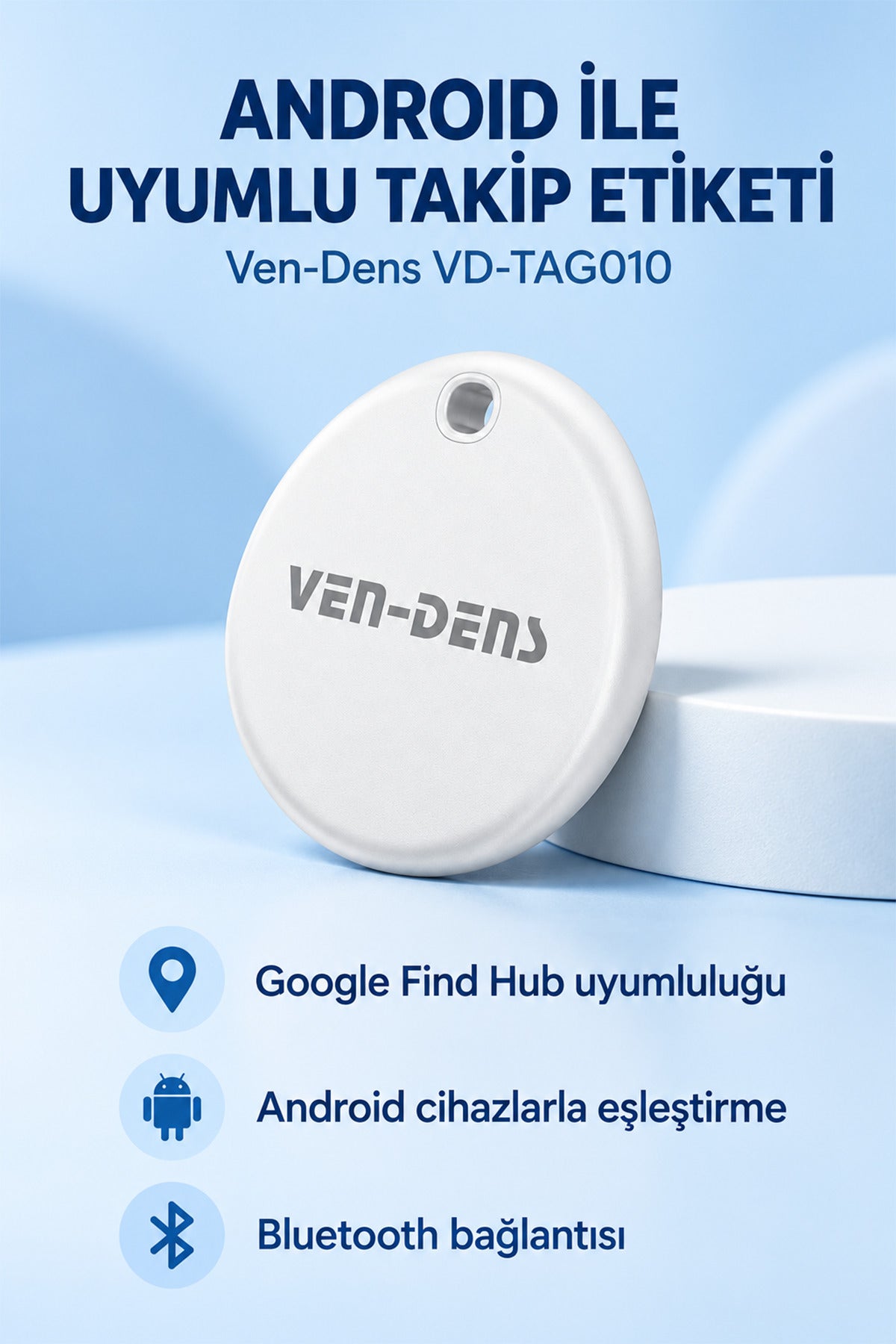 Ven-Dens VD-TAG010 Bluetooth Eşya Takip Cihazı, Google Find Hub ve Android Uyumlu - Beyaz