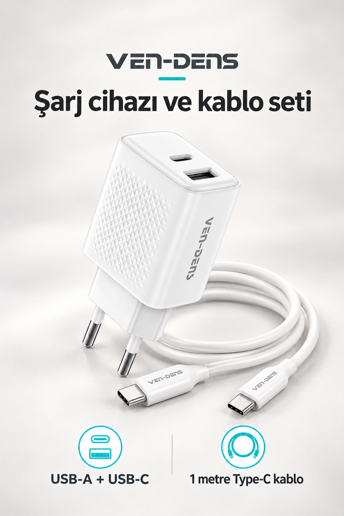 Ven-Dens VD-TC019BAC01 20 W Type-C ve 18 W USB-A Hızlı Şarj Adaptörü, 1 Metre 60 W PD Type-C, Beyaz - Beyaz
