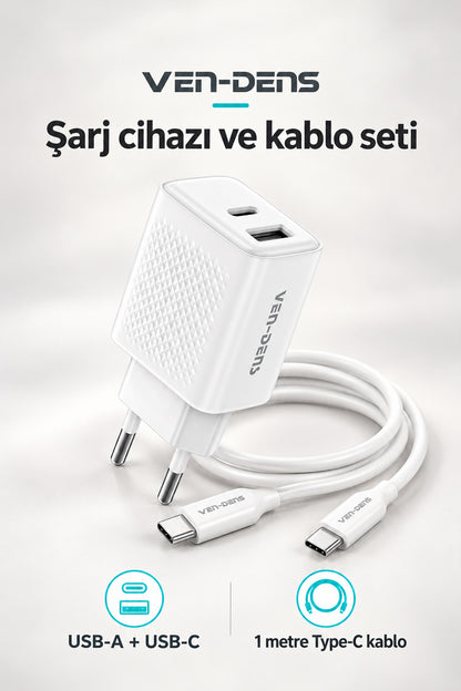 Ven-Dens VD-TC019BAC01 20 W Type-C ve 18 W USB-A Hızlı Şarj Adaptörü, 1 Metre 60 W PD Type-C, Beyaz - Beyaz