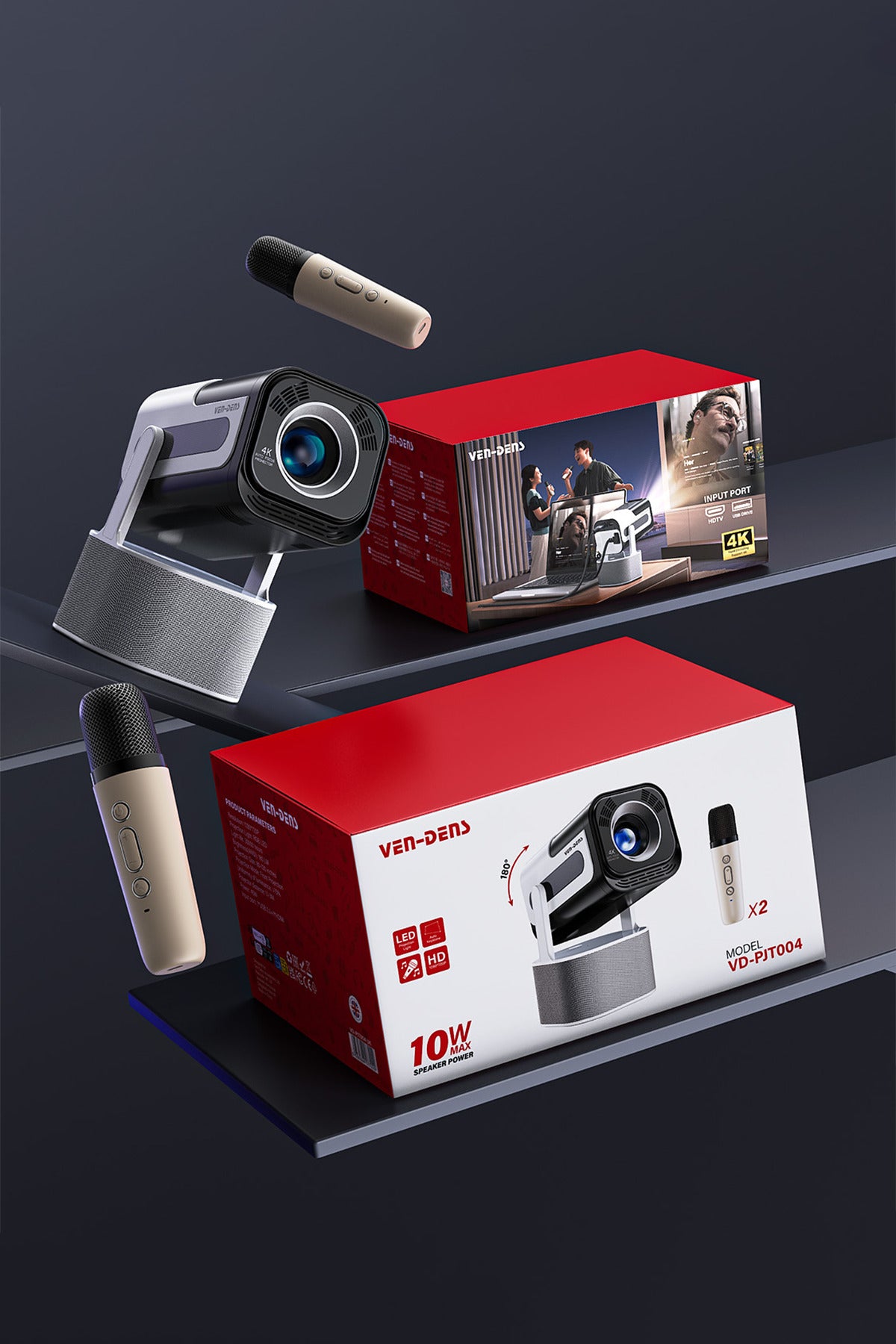 Ven-Dens VD-PJT004 Android 14 Akıllı Projeksiyon Cihazı, 4K Destekli 720P HD, 180 ANSI, 180° Döner Stand, Karaoke, 2 Kablosuz Mikrofon, Dahili Hoparlör, WiFi 5G, Bluetooth 5.0, HDMI, USB, Mini Projektör - Siyah