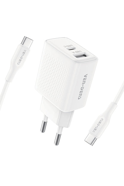 Ven-Dens VD-TC019BAC01 20 W Type-C ve 18 W USB-A Hızlı Şarj Adaptörü, 1 Metre 60 W PD Type-C, Beyaz - Beyaz