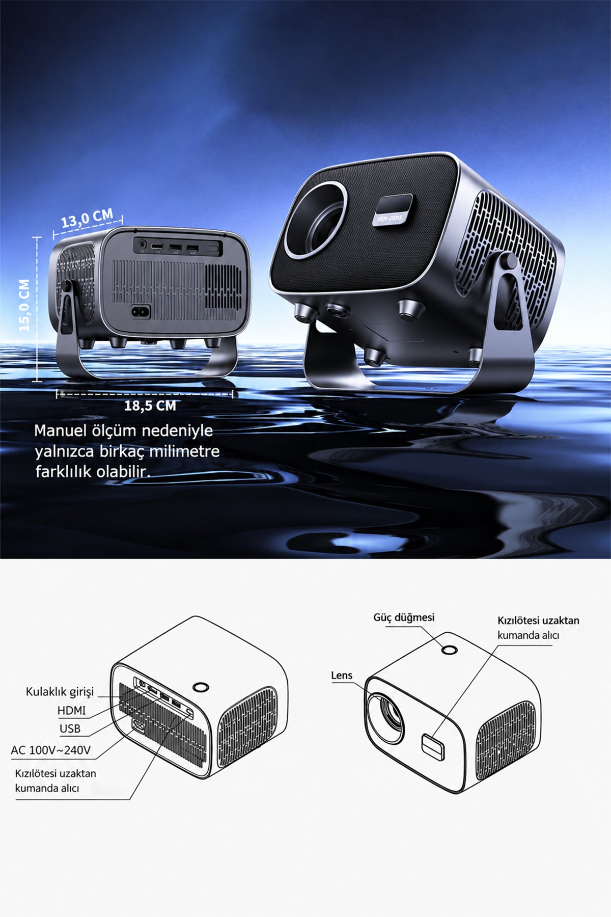 Ven-Dens VD-PJT003 Android 14 Akıllı Projeksiyon Cihazı, 4K Destekli 720P HD Mini Projektör, 160 ANSI Lümen, iOS ve Android Ekran Yansıtma, Bluetooth 5.3, HDMI, Çift USB, 360° Döner Stand, 5W Hoparlör - Koyu Gri